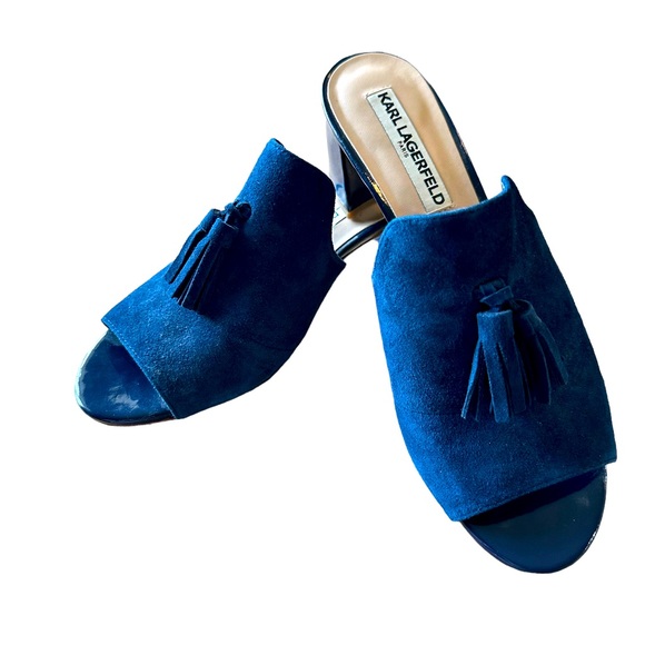 KARL LAGERFELD Designer Mules Slip On Hettie Chunky Heel Suede Tassel Size 8 - Picture 1 of 7
